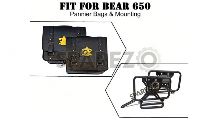 For Royal Enfield Bear 650 Leather Pannier Bags Black With Mounting - SPAREZO For Royal Enfield Bear 650 Leather Pannier Bags Black With Mounting - SPAREZO